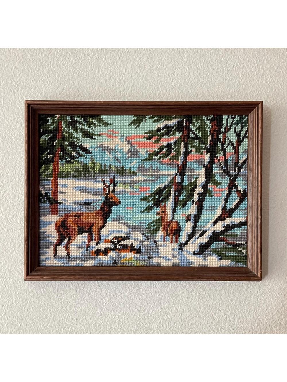 Vintage 70's Needle Point Handmade Deer Framed Wall Art